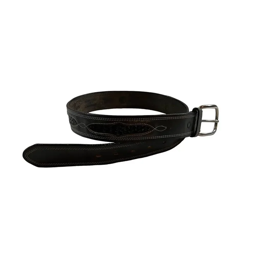Leegin Leather Belt Dark Brown SZ 32 Western Buckle Dress Belt Braided Tooled